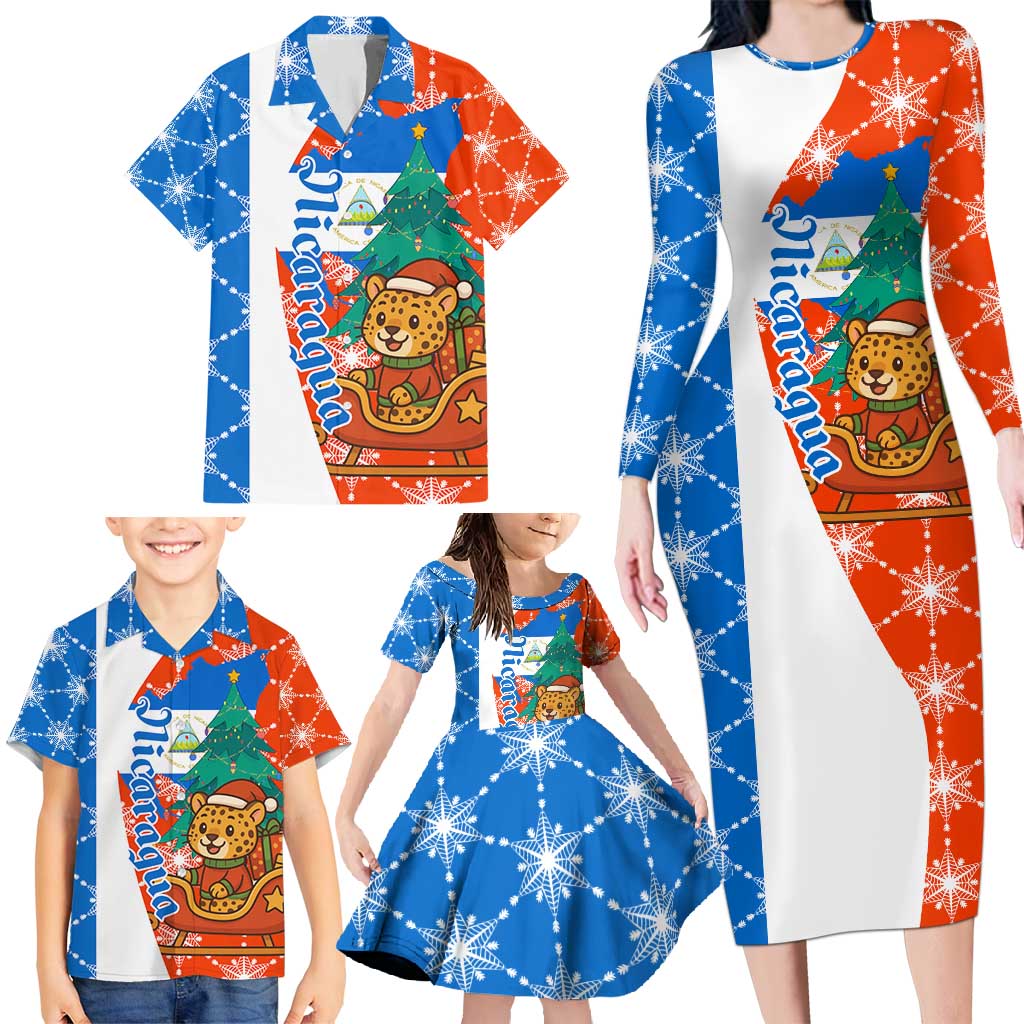 Nicaragua Christmas Family Matching Long Sleeve Bodycon Dress and Hawaiian Shirt with Jaguar in Sleigh Christmas Tree Snowflakes and Flag Colors Design - Wonder Print Shop