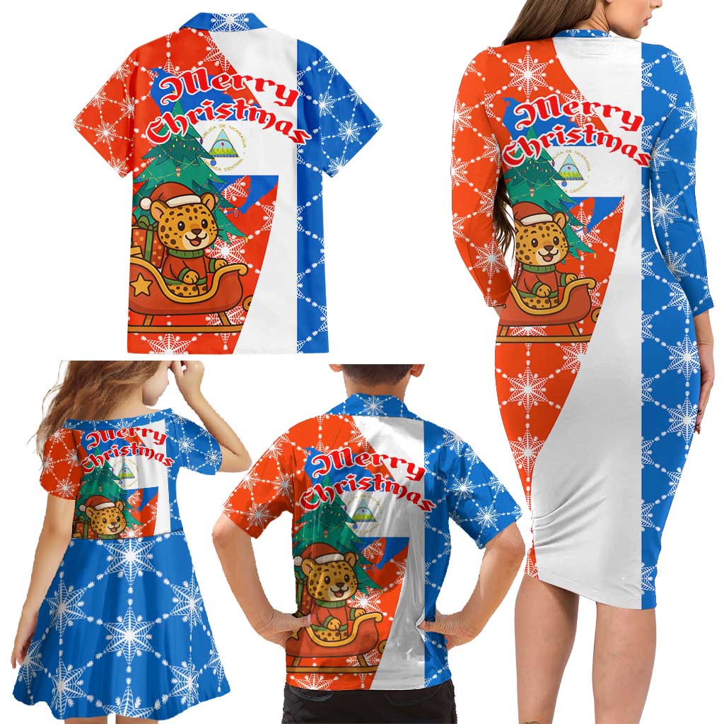 Nicaragua Christmas Family Matching Long Sleeve Bodycon Dress and Hawaiian Shirt with Jaguar in Sleigh Christmas Tree Snowflakes and Flag Colors Design - Wonder Print Shop