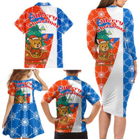 Nicaragua Christmas Family Matching Long Sleeve Bodycon Dress and Hawaiian Shirt with Jaguar in Sleigh Christmas Tree Snowflakes and Flag Colors Design - Wonder Print Shop