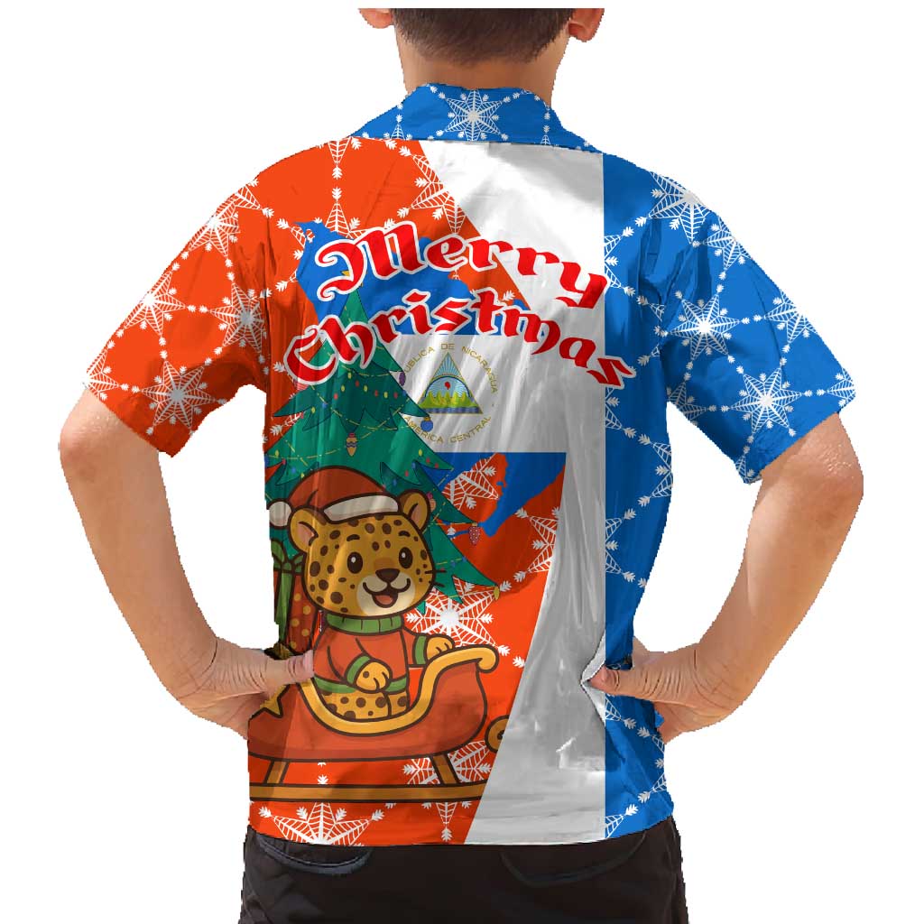 Nicaragua Christmas Family Matching Mermaid Dress and Hawaiian Shirt with Jaguar in Sleigh Christmas Tree Snowflakes and Flag Colors Design - Wonder Print Shop