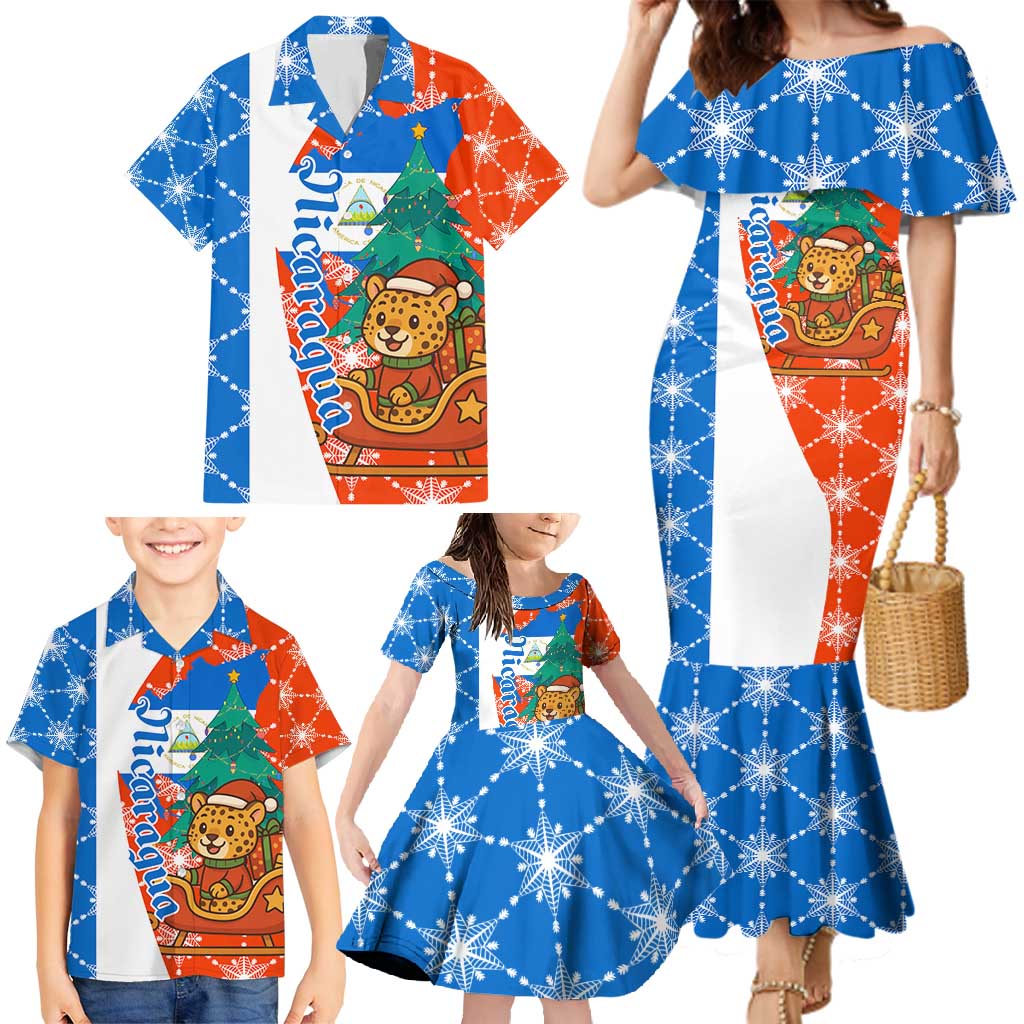 Nicaragua Christmas Family Matching Mermaid Dress and Hawaiian Shirt with Jaguar in Sleigh Christmas Tree Snowflakes and Flag Colors Design - Wonder Print Shop