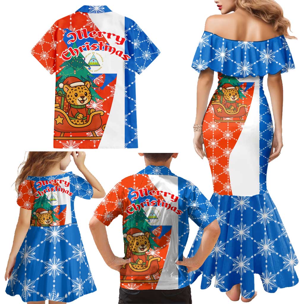 Nicaragua Christmas Family Matching Mermaid Dress and Hawaiian Shirt with Jaguar in Sleigh Christmas Tree Snowflakes and Flag Colors Design - Wonder Print Shop