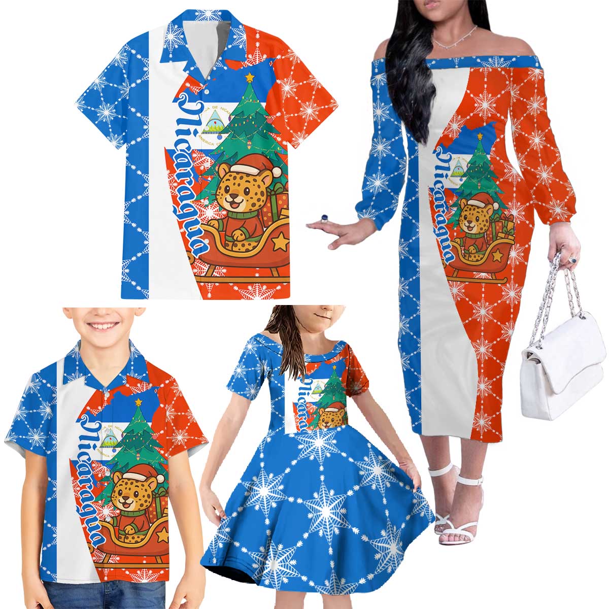 Nicaragua Christmas Family Matching Off The Shoulder Long Sleeve Dress and Hawaiian Shirt with Jaguar in Sleigh Christmas Tree Snowflakes and Flag Colors Design - Wonder Print Shop