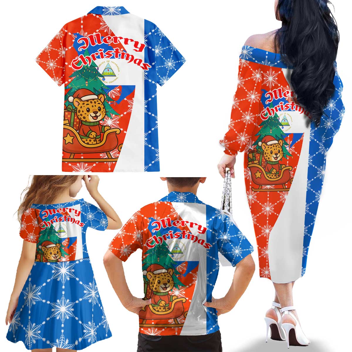 Nicaragua Christmas Family Matching Off The Shoulder Long Sleeve Dress and Hawaiian Shirt with Jaguar in Sleigh Christmas Tree Snowflakes and Flag Colors Design - Wonder Print Shop