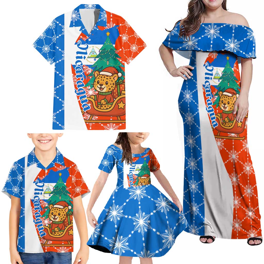 Nicaragua Christmas Family Matching Off Shoulder Maxi Dress and Hawaiian Shirt with Jaguar in Sleigh Christmas Tree Snowflakes and Flag Colors Design - Wonder Print Shop