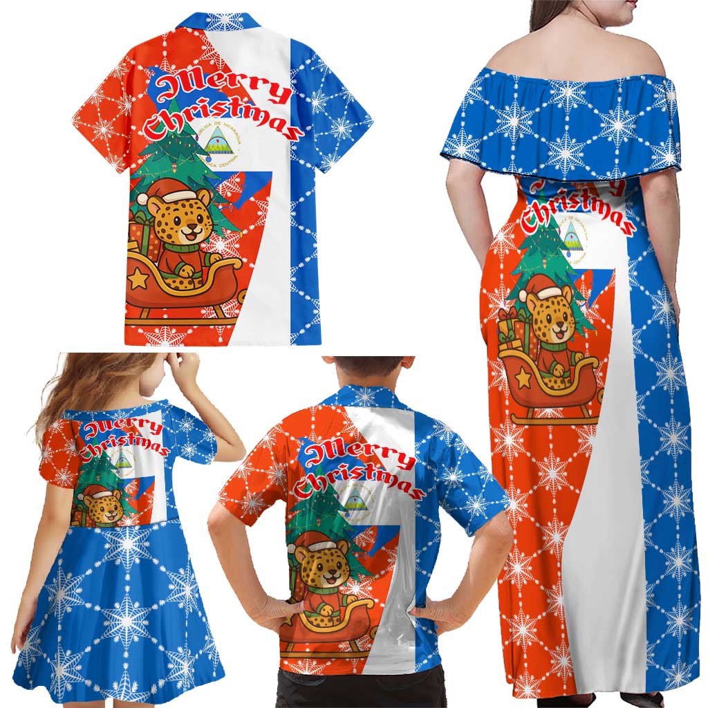 Nicaragua Christmas Family Matching Off Shoulder Maxi Dress and Hawaiian Shirt with Jaguar in Sleigh Christmas Tree Snowflakes and Flag Colors Design - Wonder Print Shop