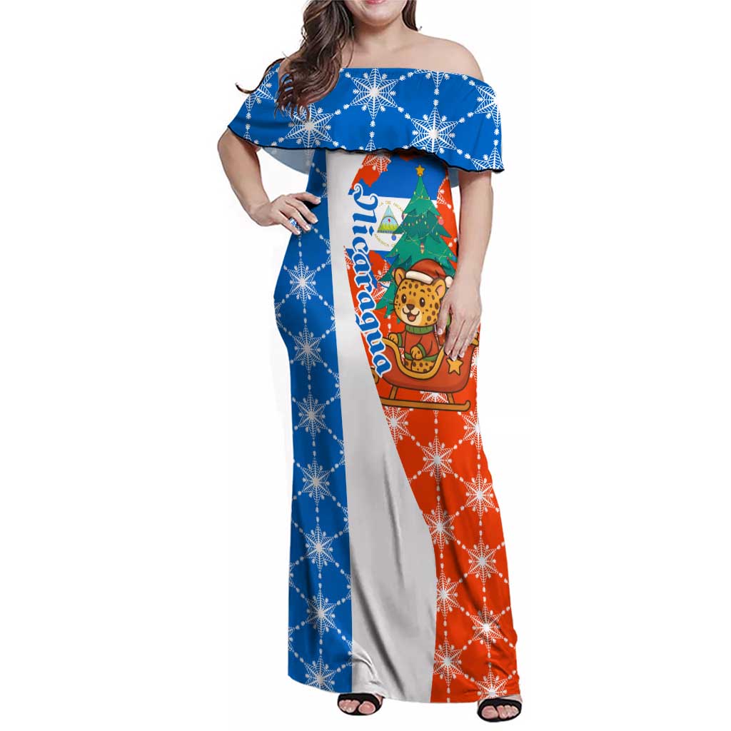 Nicaragua Christmas Family Matching Off Shoulder Maxi Dress and Hawaiian Shirt with Jaguar in Sleigh Christmas Tree Snowflakes and Flag Colors Design - Wonder Print Shop