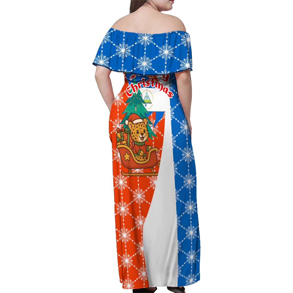 Nicaragua Christmas Family Matching Off Shoulder Maxi Dress and Hawaiian Shirt with Jaguar in Sleigh Christmas Tree Snowflakes and Flag Colors Design - Wonder Print Shop