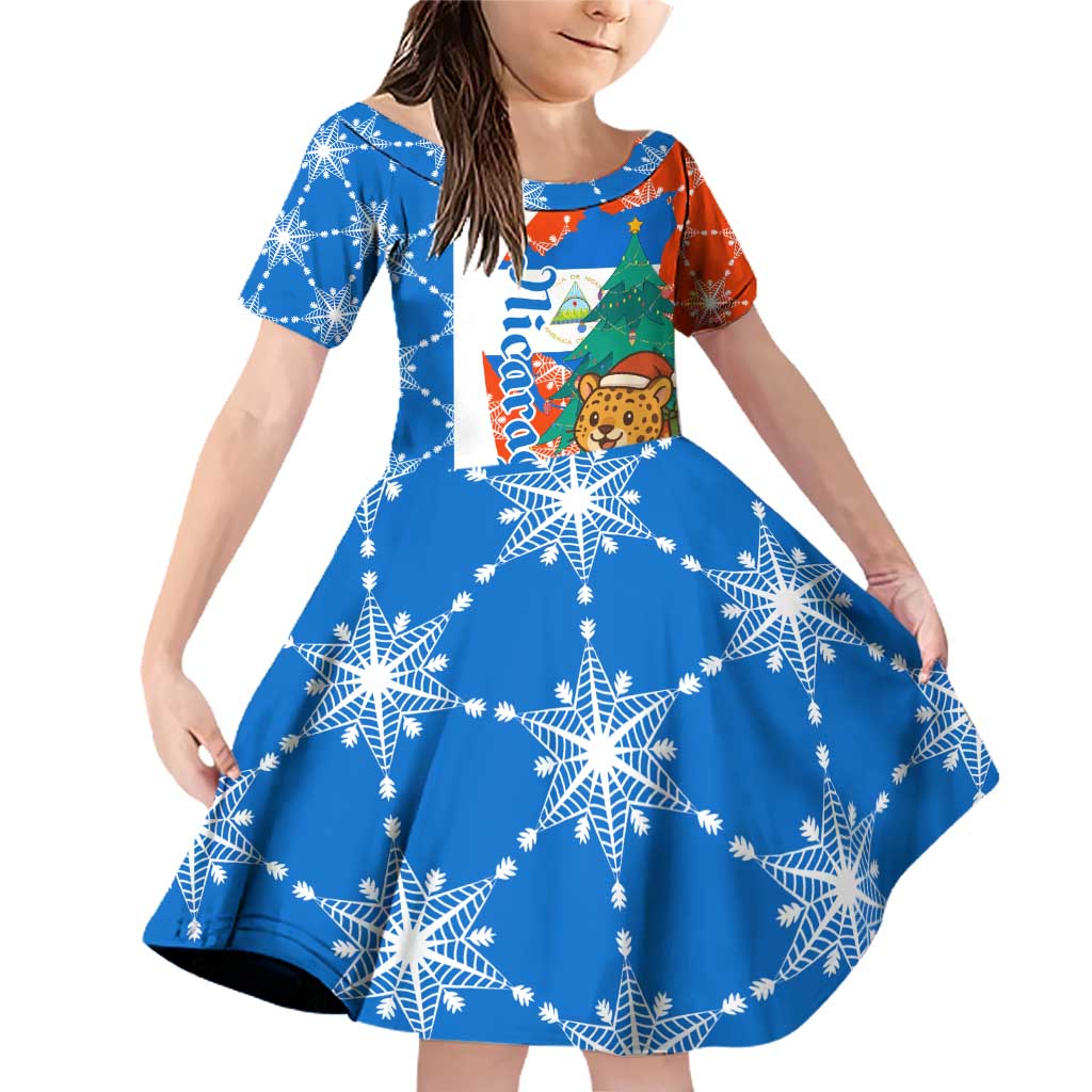 Nicaragua Christmas Family Matching Off Shoulder Short Dress and Hawaiian Shirt with Jaguar in Sleigh Christmas Tree Snowflakes and Flag Colors Design - Wonder Print Shop