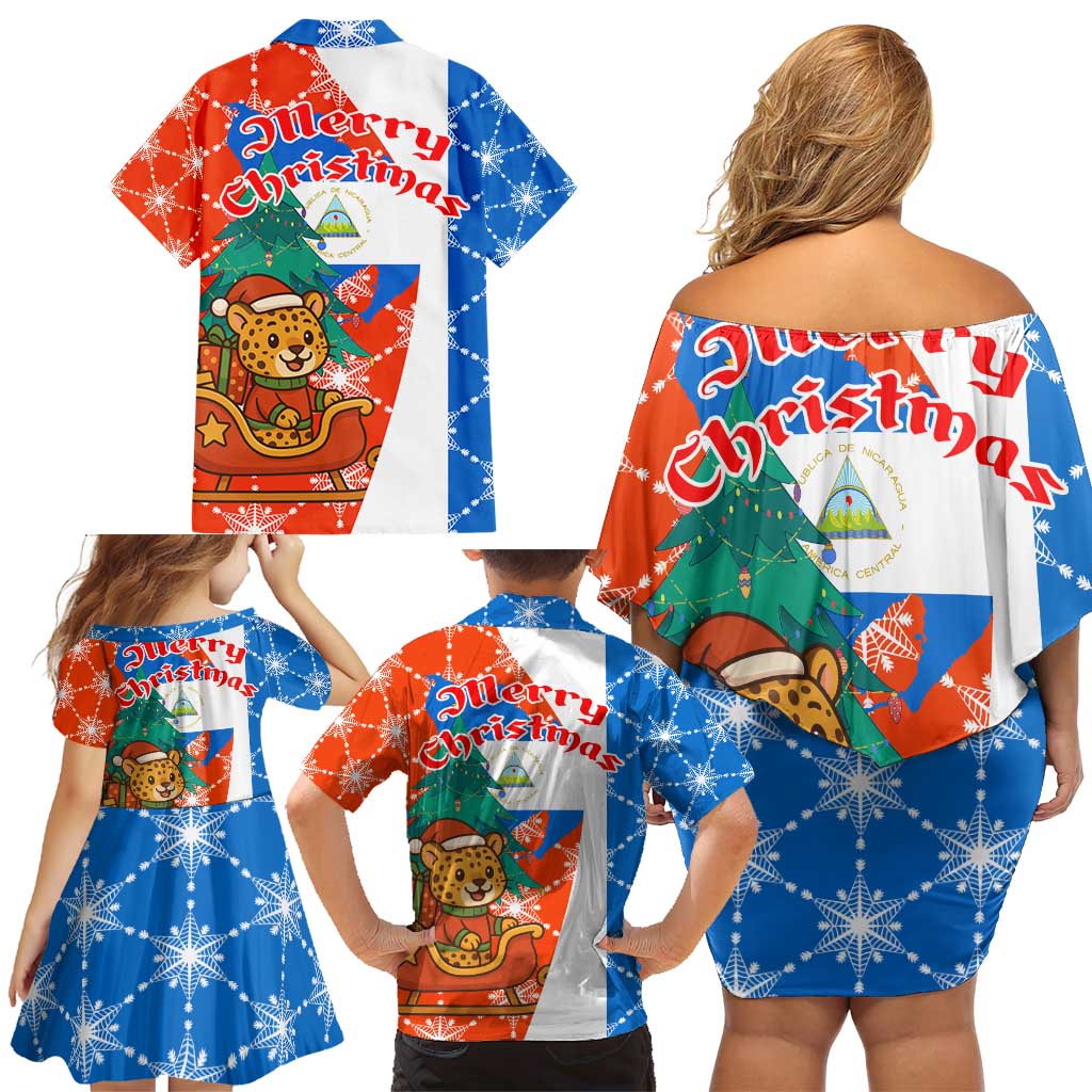 Nicaragua Christmas Family Matching Off Shoulder Short Dress and Hawaiian Shirt with Jaguar in Sleigh Christmas Tree Snowflakes and Flag Colors Design - Wonder Print Shop