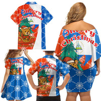 Nicaragua Christmas Family Matching Off Shoulder Short Dress and Hawaiian Shirt with Jaguar in Sleigh Christmas Tree Snowflakes and Flag Colors Design - Wonder Print Shop