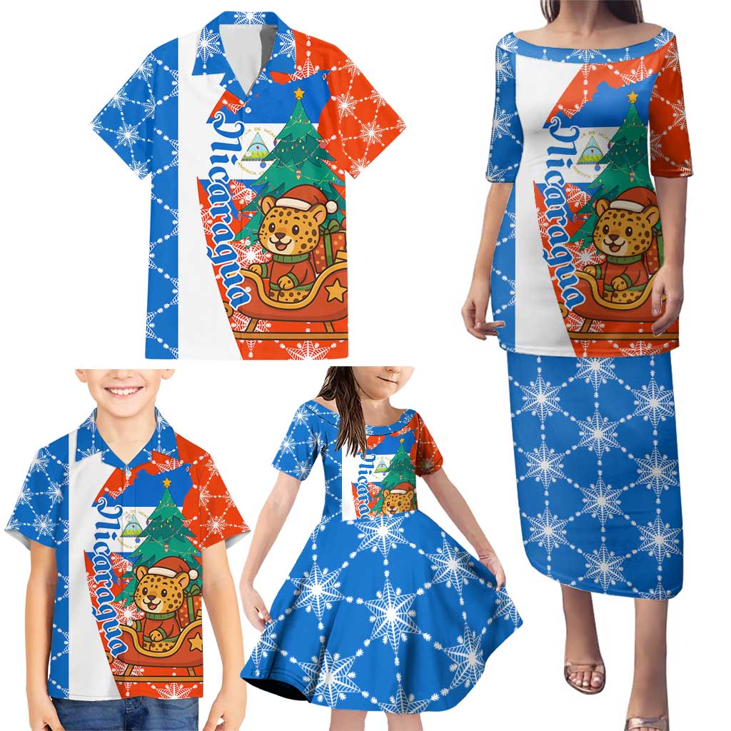Nicaragua Christmas Family Matching Puletasi and Hawaiian Shirt with Jaguar in Sleigh Christmas Tree Snowflakes and Flag Colors Design - Wonder Print Shop