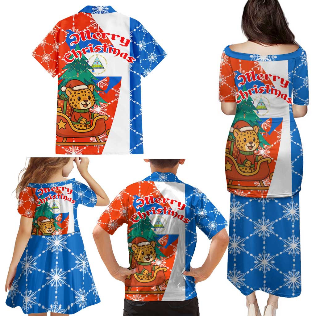 Nicaragua Christmas Family Matching Puletasi and Hawaiian Shirt with Jaguar in Sleigh Christmas Tree Snowflakes and Flag Colors Design - Wonder Print Shop