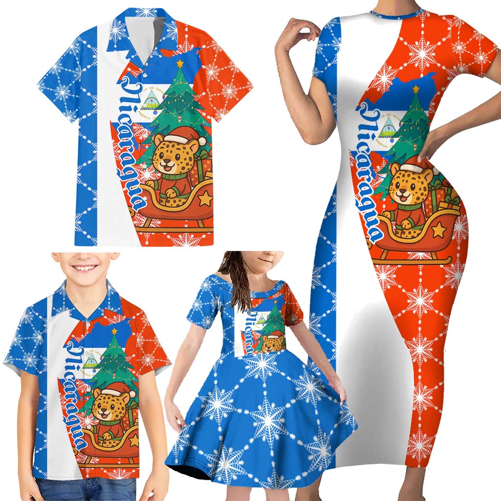 Nicaragua Christmas Family Matching Short Sleeve Bodycon Dress and Hawaiian Shirt with Jaguar in Sleigh Christmas Tree Snowflakes and Flag Colors Design - Wonder Print Shop