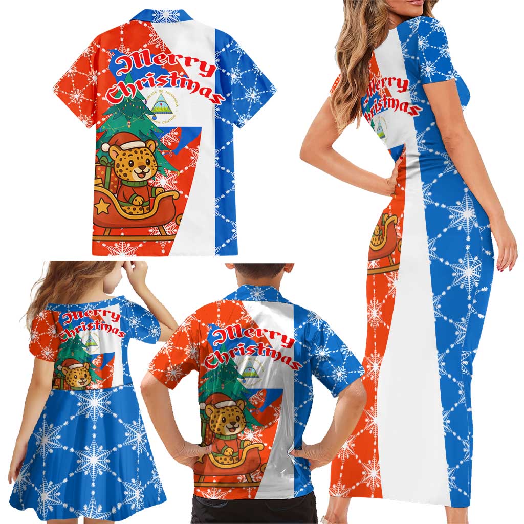 Nicaragua Christmas Family Matching Short Sleeve Bodycon Dress and Hawaiian Shirt with Jaguar in Sleigh Christmas Tree Snowflakes and Flag Colors Design - Wonder Print Shop
