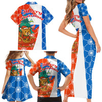 Nicaragua Christmas Family Matching Short Sleeve Bodycon Dress and Hawaiian Shirt with Jaguar in Sleigh Christmas Tree Snowflakes and Flag Colors Design - Wonder Print Shop
