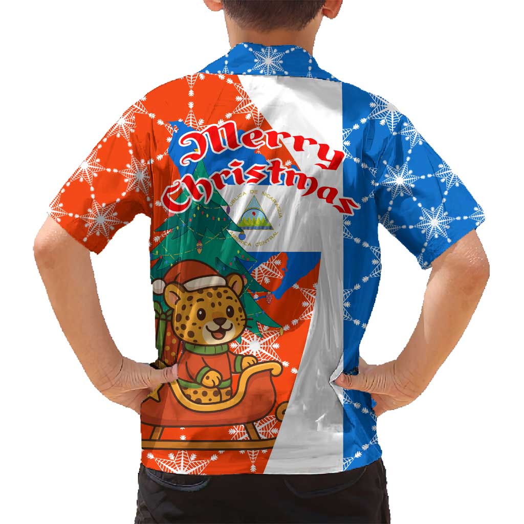 Nicaragua Christmas Family Matching Summer Maxi Dress and Hawaiian Shirt with Jaguar in Sleigh Christmas Tree Snowflakes and Flag Colors Design - Wonder Print Shop
