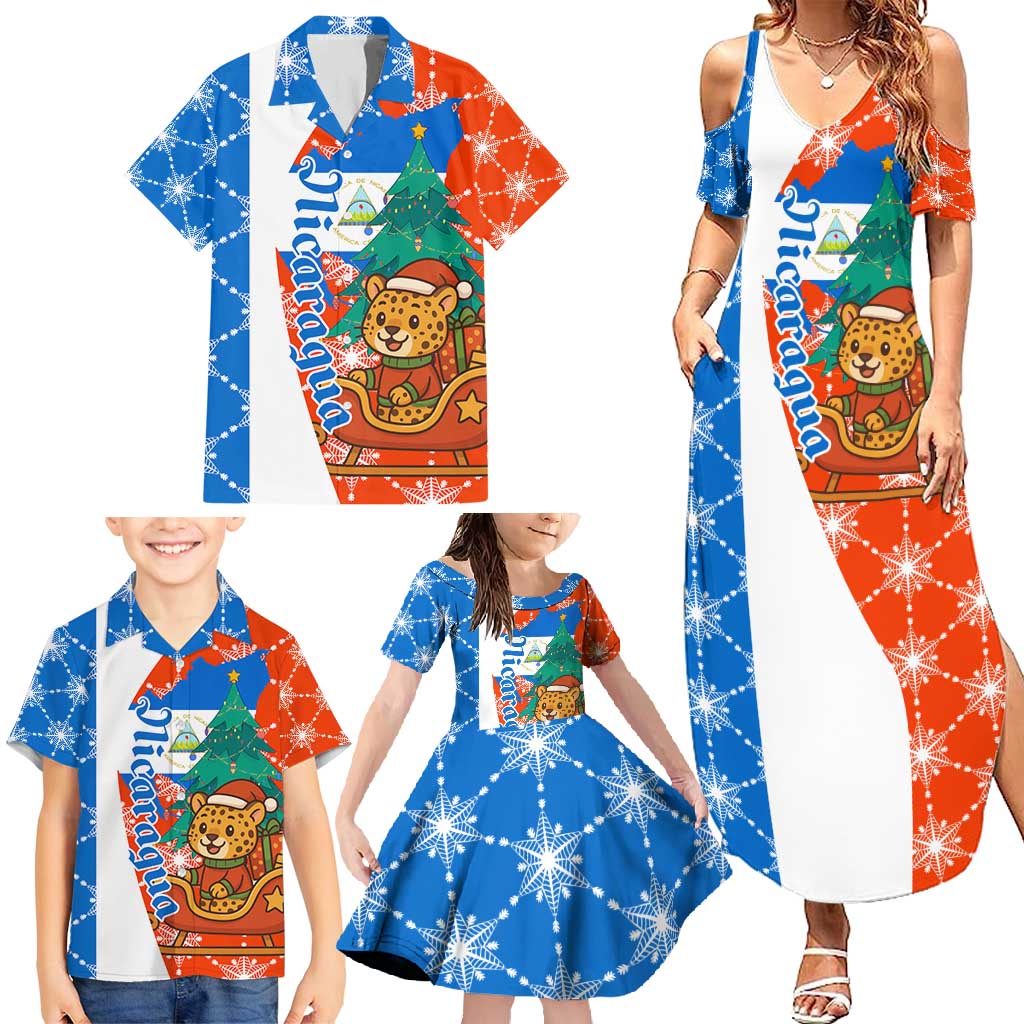 Nicaragua Christmas Family Matching Summer Maxi Dress and Hawaiian Shirt with Jaguar in Sleigh Christmas Tree Snowflakes and Flag Colors Design - Wonder Print Shop