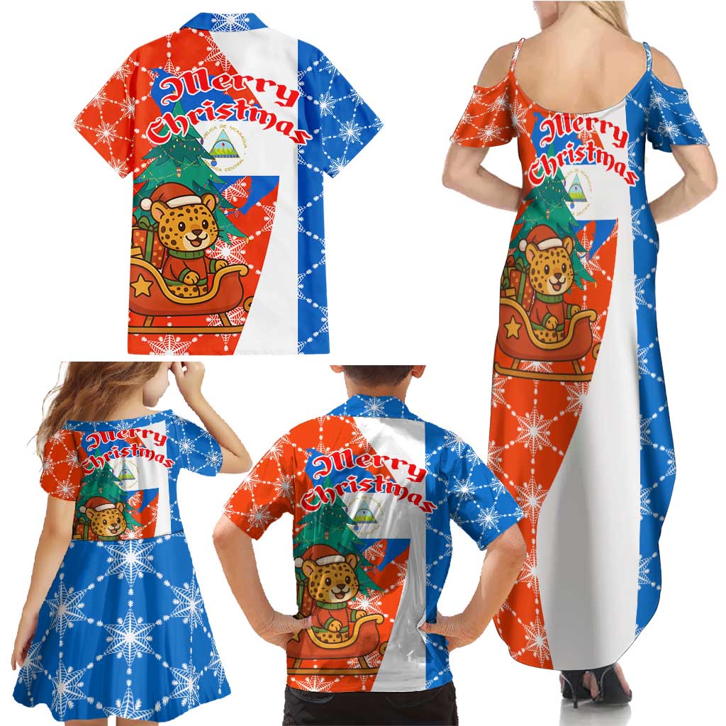 Nicaragua Christmas Family Matching Summer Maxi Dress and Hawaiian Shirt with Jaguar in Sleigh Christmas Tree Snowflakes and Flag Colors Design - Wonder Print Shop