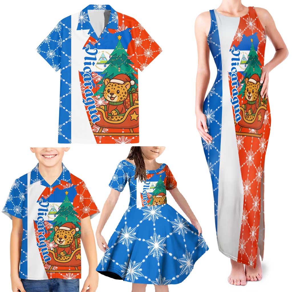 Nicaragua Christmas Family Matching Tank Maxi Dress and Hawaiian Shirt with Jaguar in Sleigh Christmas Tree Snowflakes and Flag Colors Design - Wonder Print Shop