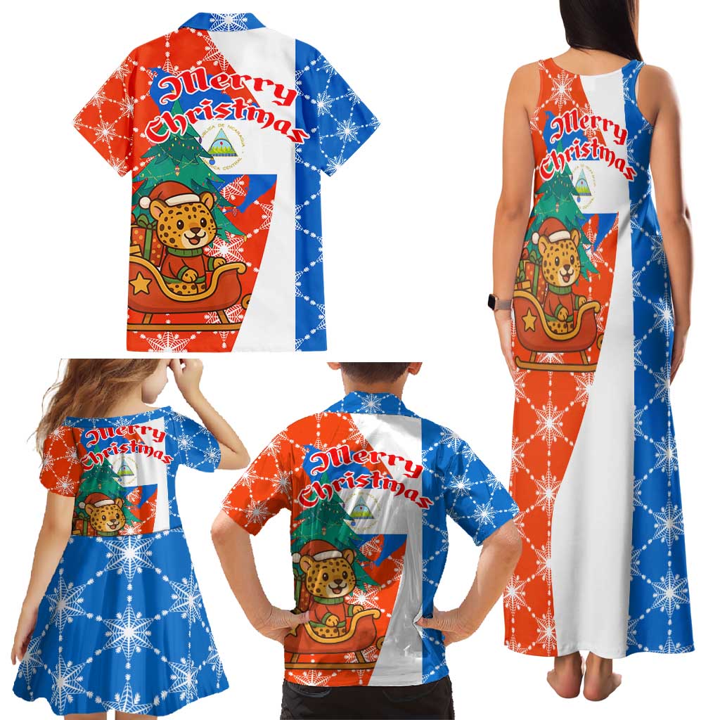 Nicaragua Christmas Family Matching Tank Maxi Dress and Hawaiian Shirt with Jaguar in Sleigh Christmas Tree Snowflakes and Flag Colors Design - Wonder Print Shop