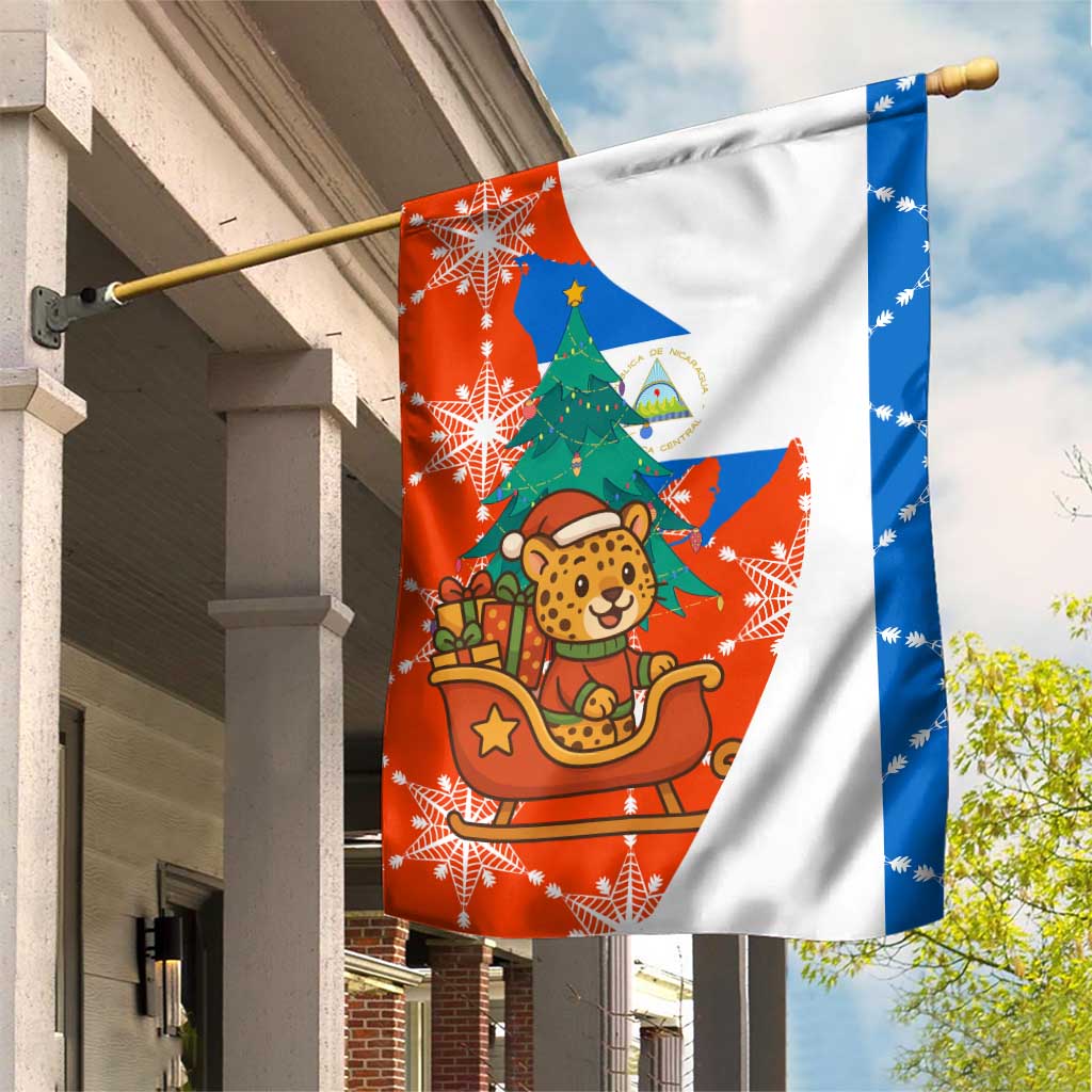 Nicaragua Christmas Garden Flag with Jaguar in Sleigh Christmas Tree Snowflakes and Flag Colors Design - Wonder Print Shop