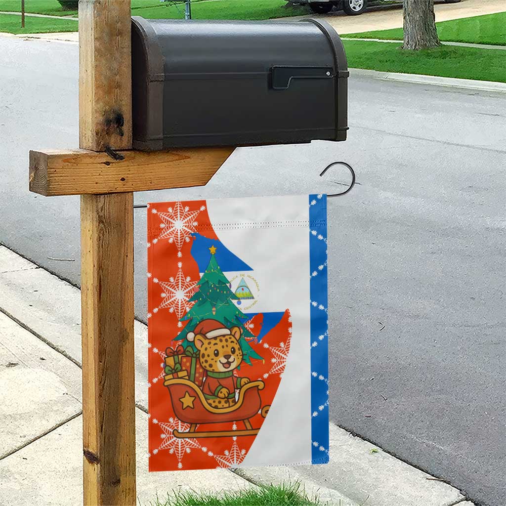 Nicaragua Christmas Garden Flag with Jaguar in Sleigh Christmas Tree Snowflakes and Flag Colors Design - Wonder Print Shop