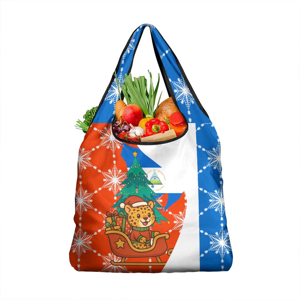 Nicaragua Christmas Grocery Bag with Jaguar in Sleigh Christmas Tree Snowflakes and Flag Colors Design - Wonder Print Shop