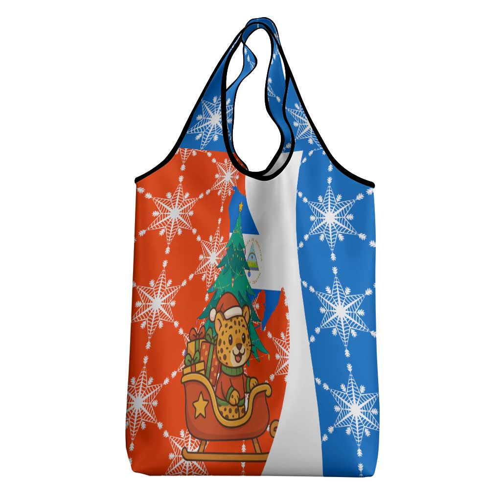 Nicaragua Christmas Grocery Bag with Jaguar in Sleigh Christmas Tree Snowflakes and Flag Colors Design - Wonder Print Shop