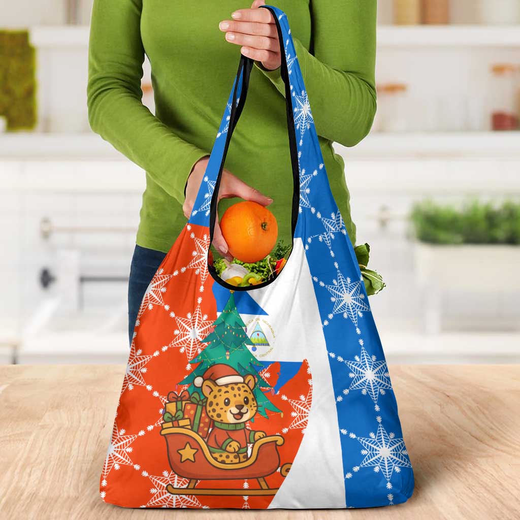 Nicaragua Christmas Grocery Bag with Jaguar in Sleigh Christmas Tree Snowflakes and Flag Colors Design - Wonder Print Shop