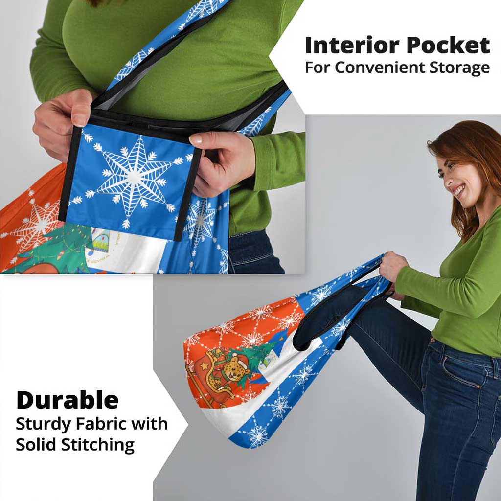 Nicaragua Christmas Grocery Bag with Jaguar in Sleigh Christmas Tree Snowflakes and Flag Colors Design - Wonder Print Shop