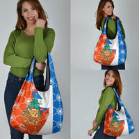 Nicaragua Christmas Grocery Bag with Jaguar in Sleigh Christmas Tree Snowflakes and Flag Colors Design - Wonder Print Shop