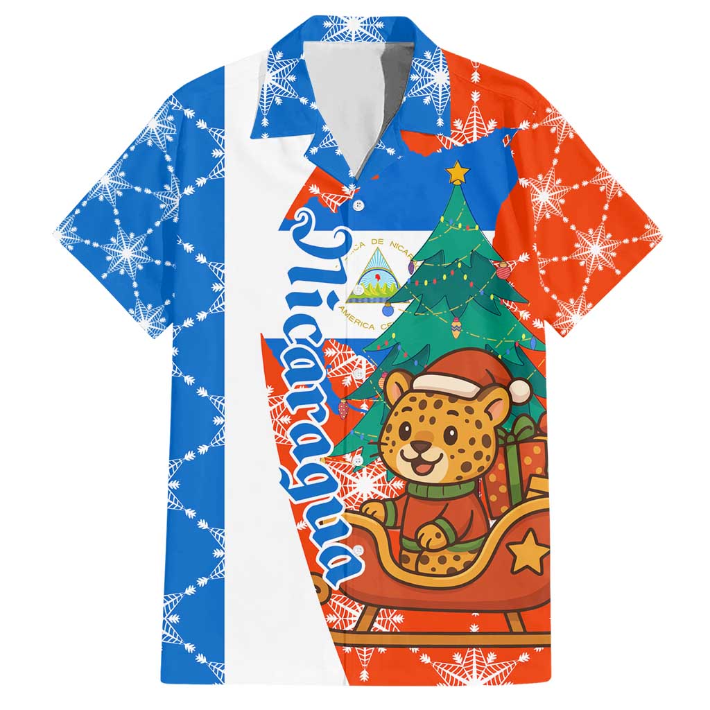 Nicaragua Christmas Hawaiian Shirt with Jaguar in Sleigh Christmas Tree Snowflakes and Flag Colors Design - Wonder Print Shop
