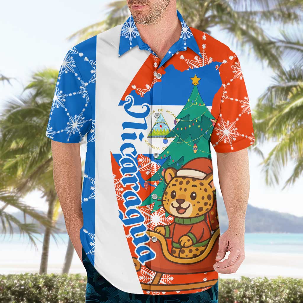 Nicaragua Christmas Hawaiian Shirt with Jaguar in Sleigh Christmas Tree Snowflakes and Flag Colors Design - Wonder Print Shop