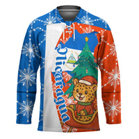 Nicaragua Christmas Hockey Jersey with Jaguar in Sleigh Christmas Tree Snowflakes and Flag Colors Design - Wonder Print Shop