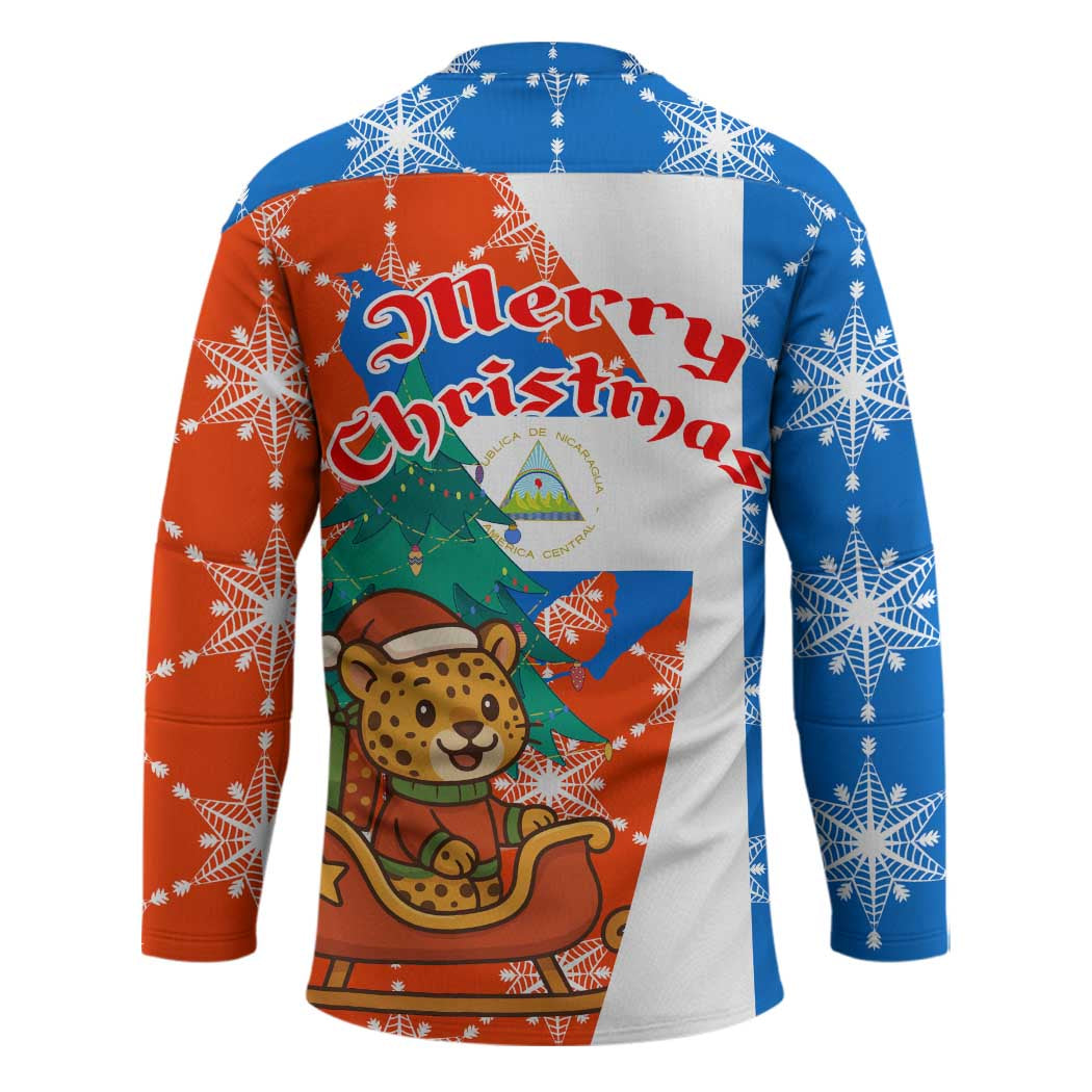 Nicaragua Christmas Hockey Jersey with Jaguar in Sleigh Christmas Tree Snowflakes and Flag Colors Design - Wonder Print Shop
