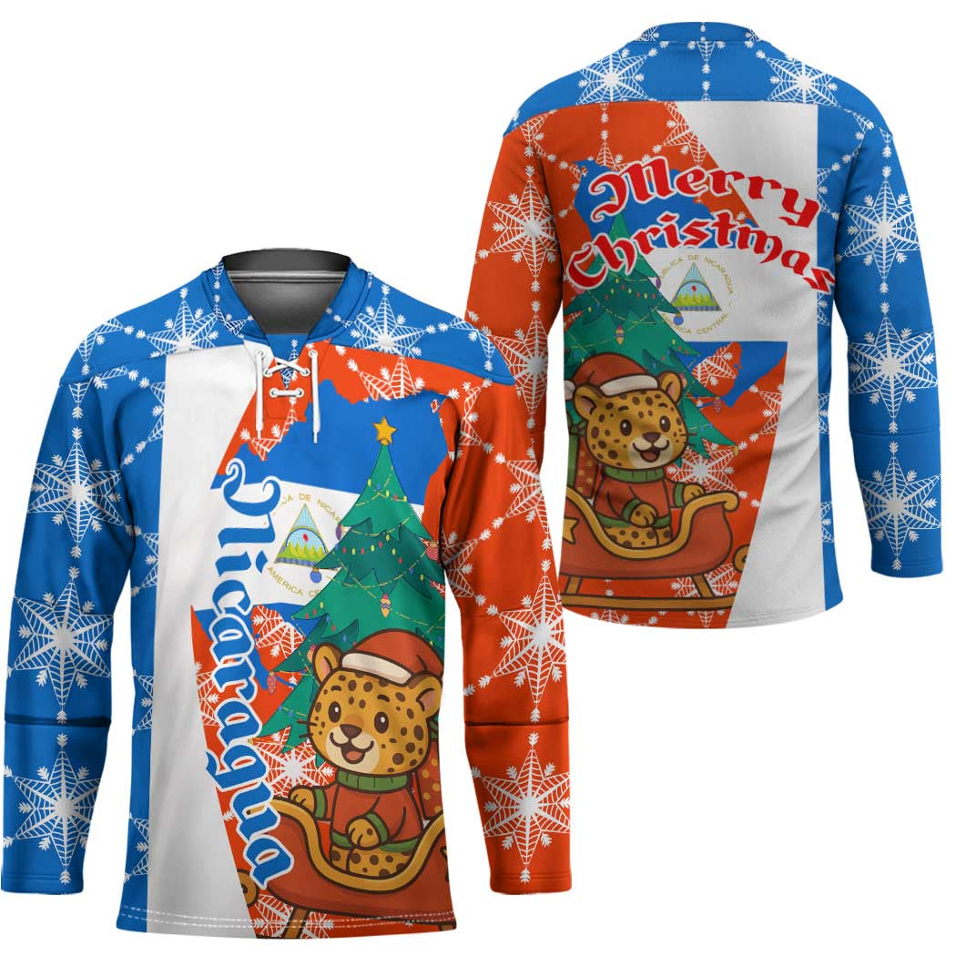 Nicaragua Christmas Hockey Jersey with Jaguar in Sleigh Christmas Tree Snowflakes and Flag Colors Design - Wonder Print Shop