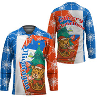 Nicaragua Christmas Hockey Jersey with Jaguar in Sleigh Christmas Tree Snowflakes and Flag Colors Design - Wonder Print Shop