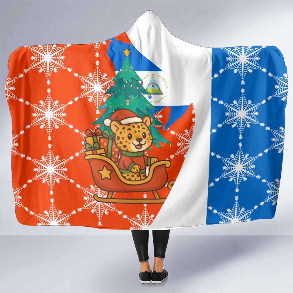 Nicaragua Christmas Hooded Blanket with Jaguar in Sleigh Christmas Tree Snowflakes and Flag Colors Design - Wonder Print Shop