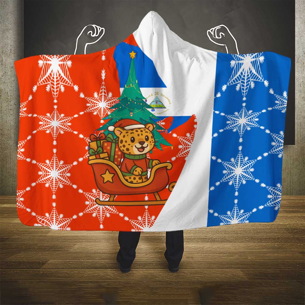 Nicaragua Christmas Hooded Blanket with Jaguar in Sleigh Christmas Tree Snowflakes and Flag Colors Design - Wonder Print Shop