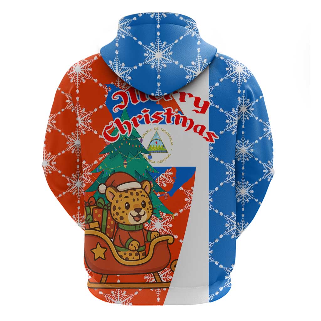 Nicaragua Christmas Hoodie with Jaguar in Sleigh Christmas Tree Snowflakes and Flag Colors Design - Wonder Print Shop