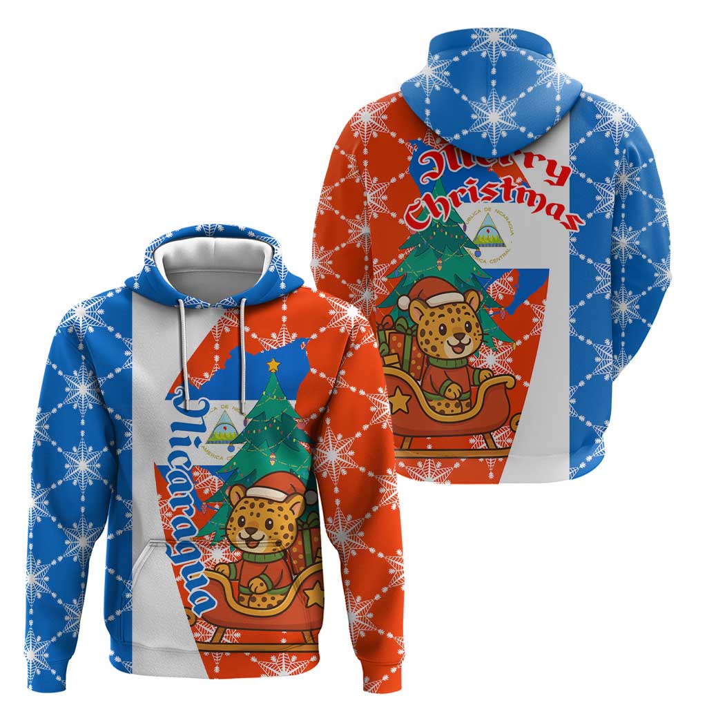 Nicaragua Christmas Hoodie with Jaguar in Sleigh Christmas Tree Snowflakes and Flag Colors Design - Wonder Print Shop