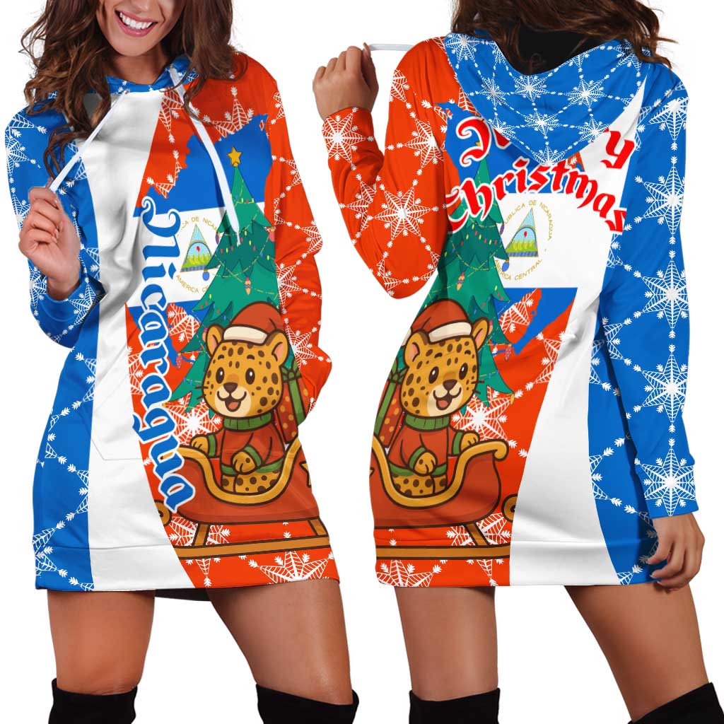 Nicaragua Christmas Hoodie Dress with Jaguar in Sleigh Christmas Tree Snowflakes and Flag Colors Design - Wonder Print Shop
