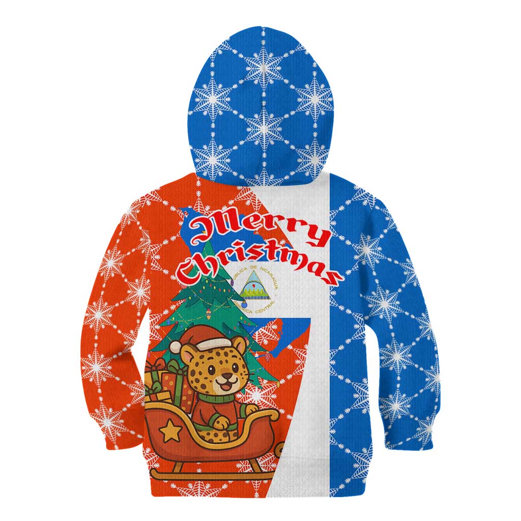 Nicaragua Christmas Kid Hoodie with Jaguar in Sleigh Christmas Tree Snowflakes and Flag Colors Design - Wonder Print Shop