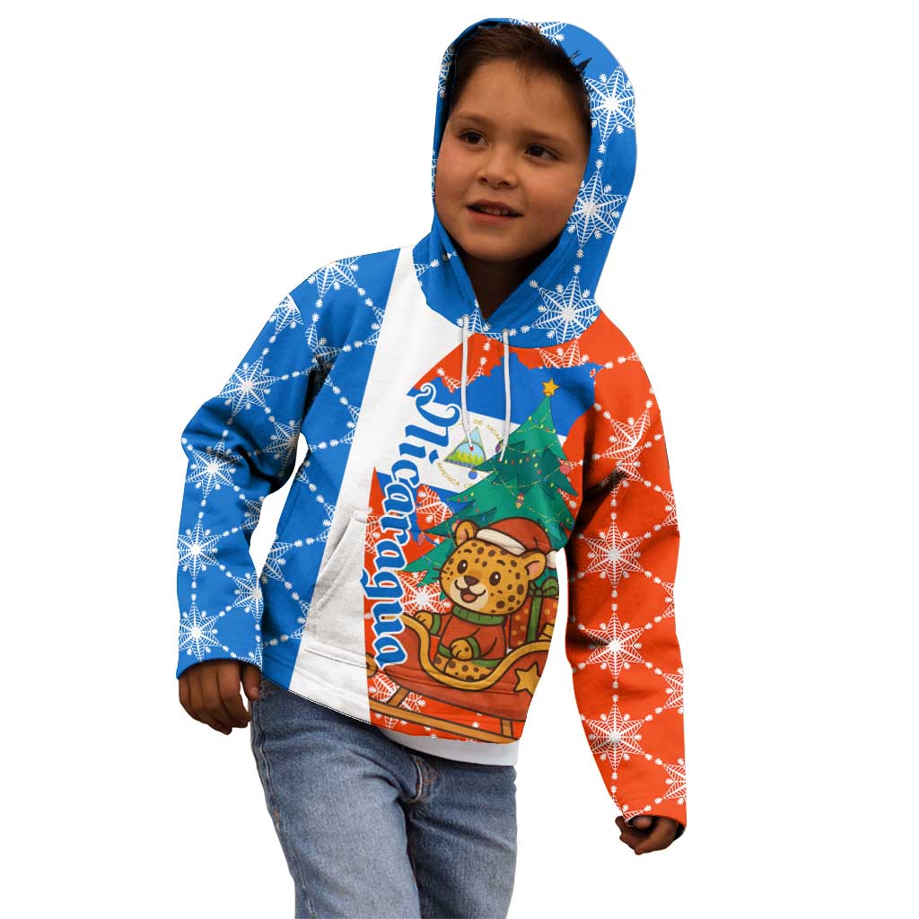 Nicaragua Christmas Kid Hoodie with Jaguar in Sleigh Christmas Tree Snowflakes and Flag Colors Design - Wonder Print Shop