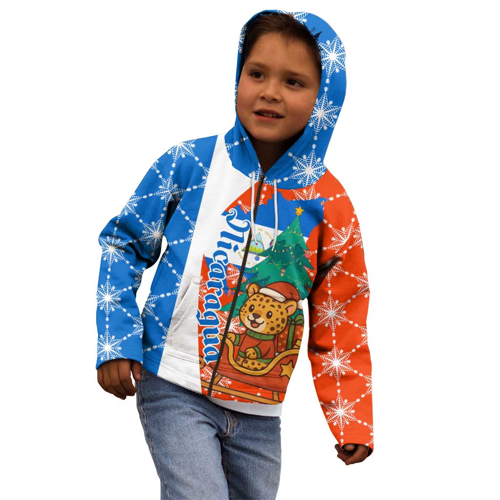 Nicaragua Christmas Kid Hoodie with Jaguar in Sleigh Christmas Tree Snowflakes and Flag Colors Design - Wonder Print Shop