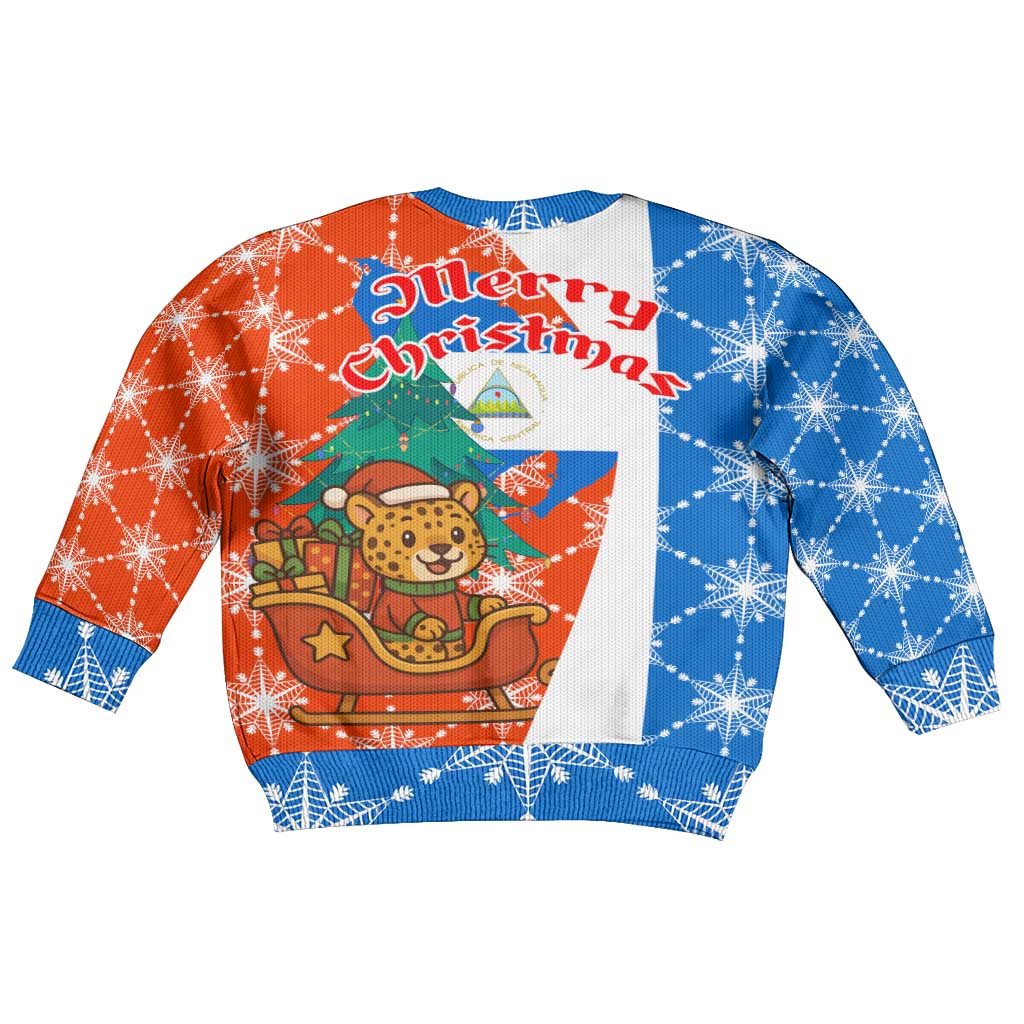 Nicaragua Christmas Kid Ugly Christmas Sweater with Jaguar in Sleigh Christmas Tree Snowflakes and Flag Colors Design - Wonder Print Shop
