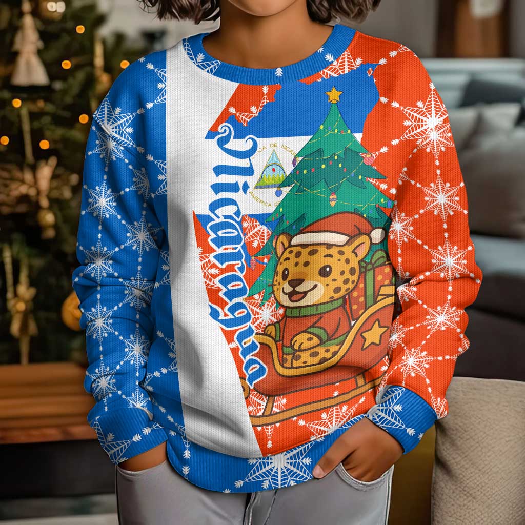 Nicaragua Christmas Kid Ugly Christmas Sweater with Jaguar in Sleigh Christmas Tree Snowflakes and Flag Colors Design - Wonder Print Shop