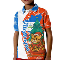 Nicaragua Christmas Kid Polo Shirt with Jaguar in Sleigh Christmas Tree Snowflakes and Flag Colors Design - Wonder Print Shop