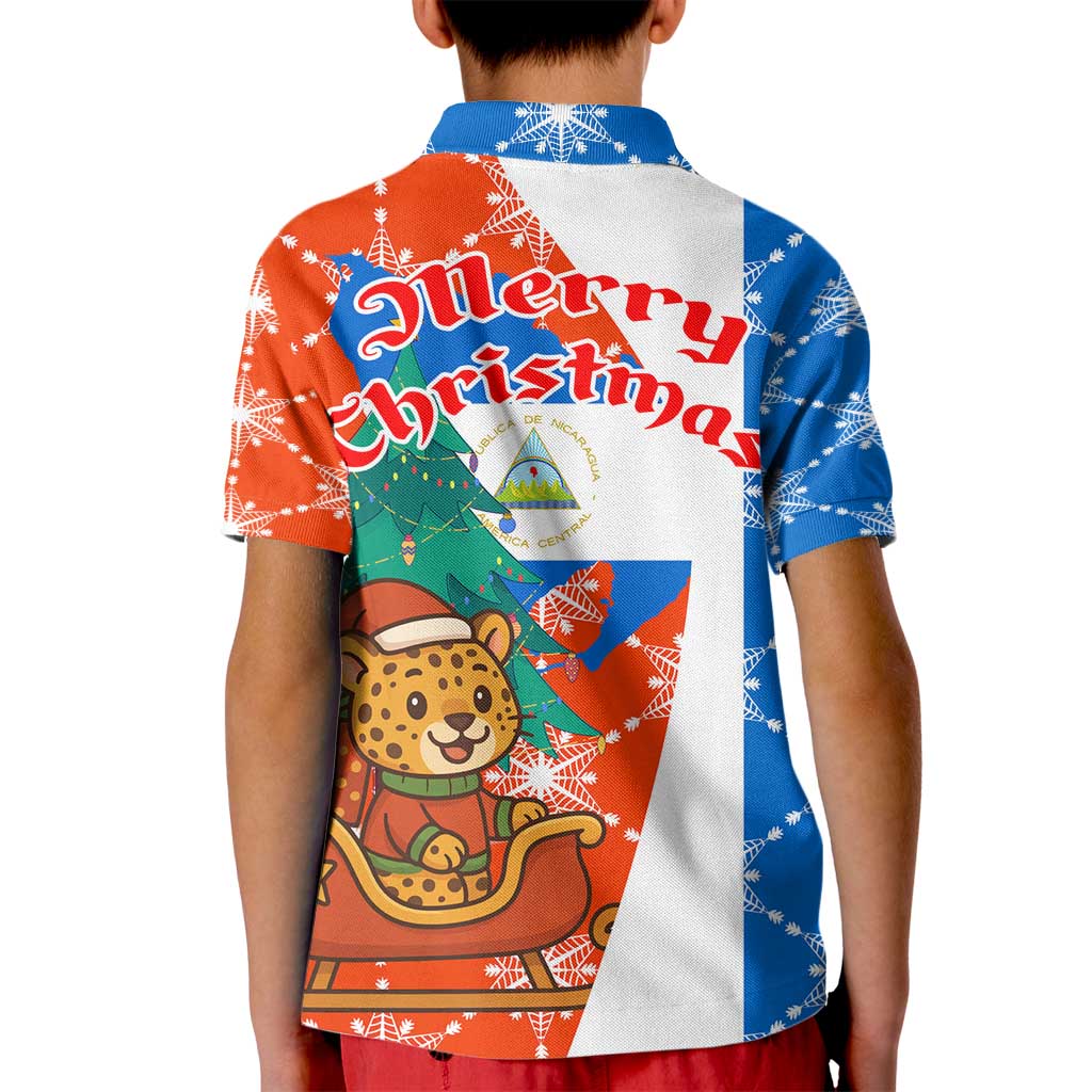 Nicaragua Christmas Kid Polo Shirt with Jaguar in Sleigh Christmas Tree Snowflakes and Flag Colors Design - Wonder Print Shop